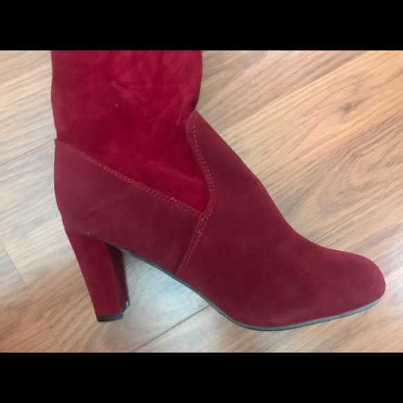 Over-the-knee burgundy suede high heeled boots - Picture 4 of 5